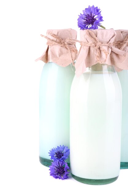 Bouteilles de lait et bleuets isolés sur blanc