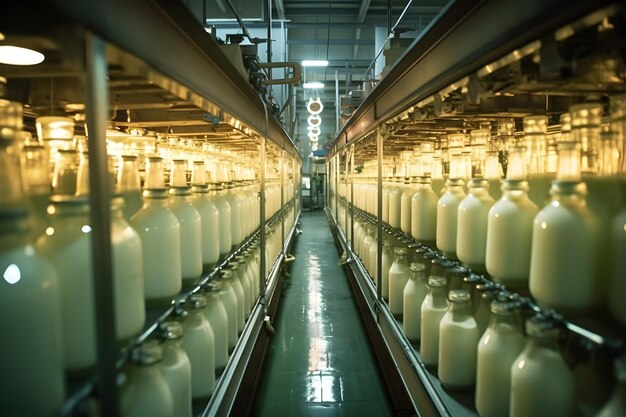 Bouteilles de lait sur déplacement automatique ou tapis roulant dans une usine de lait de vache pasteurisé Généré par IA