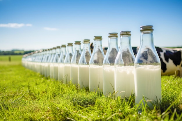 Photo les bouteilles de lait fraîches de la ferme fournissent une boisson saine provenant de vaches satisfaites pâturant sur des pâturages luxuriants