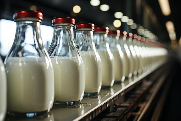 Les bouteilles de lait glissent le long du convoyeur dans l'usine laitière animée