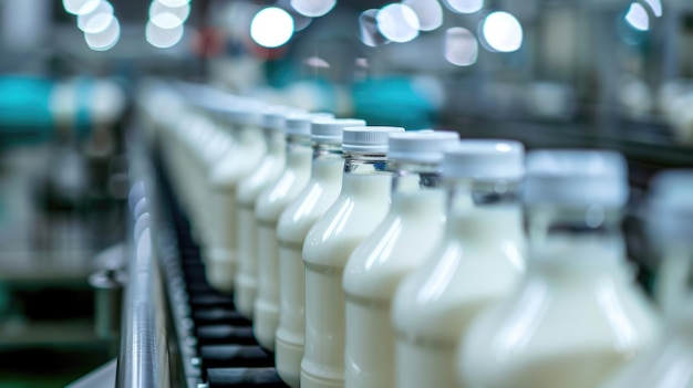 Photo bouteilles de lait sur une ligne d'assemblage industrielle dans une usine lors de la journée mondiale du lait