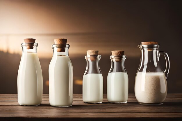 Bouteilles de lait sur une table en bois