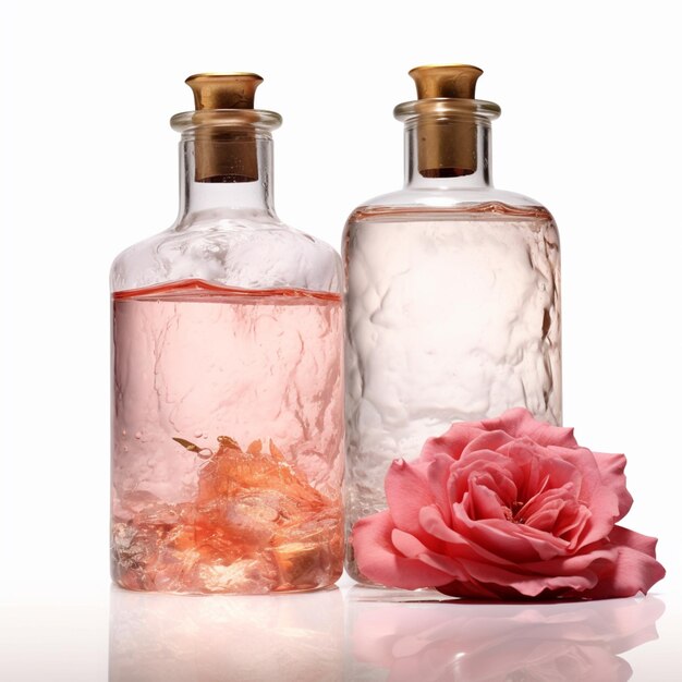 Photo bouteilles de liquide avec une rose sur une surface blanche générative ai