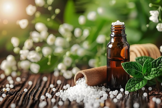 Bouteilles de médecine naturelle homéopathique et herbes sur fond de bois