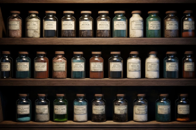 Bouteilles de médicaments vintage avec des étiquettes fanées sur un ai génératif