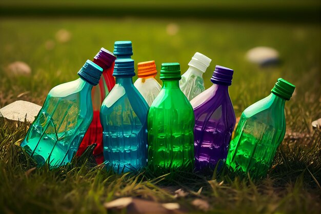 Photo bouteilles de nature en plastique de pollution sur l'illustration de l'herbe ai générative