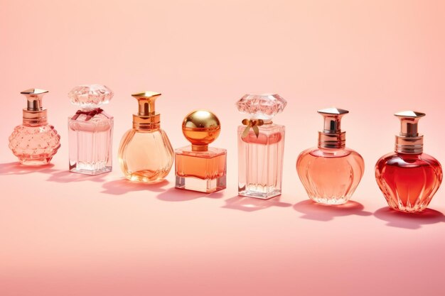 Des bouteilles de parfum beaucoup de bouteilles en verre multicolore transparente de cosmétiques sur un fond rose ai génératif