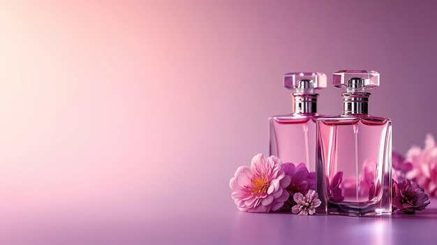 Photo des bouteilles de parfum élégantes avec des fleurs violettes