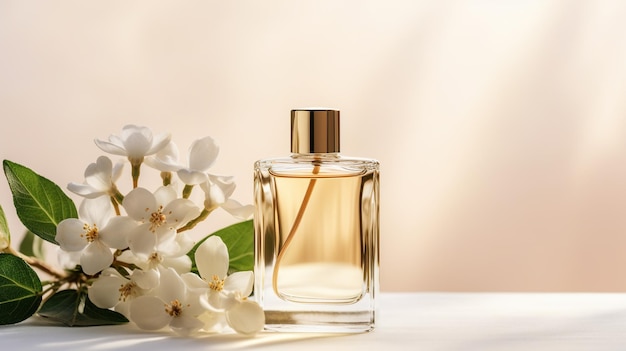 Des bouteilles de parfum avec des fleurs de jasmin avec un espace de copie