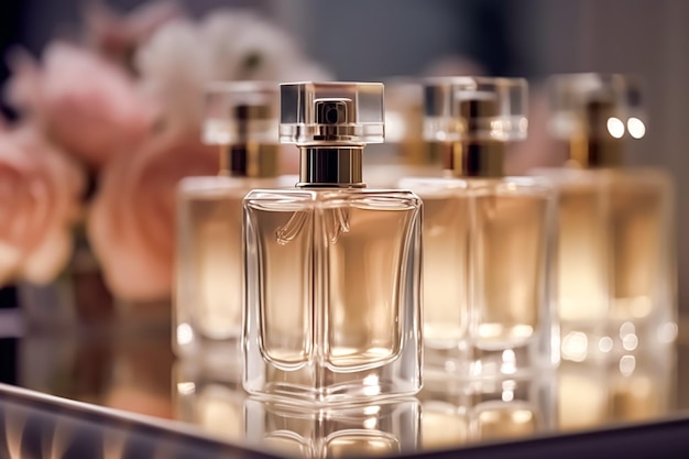 Bouteilles de parfums de luxe au parfum parfum à l'événement de présentation parfumerie sur mesure et vente de produits de beauté postprocessé génératif ai