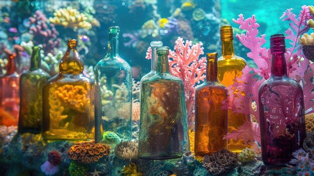 Des bouteilles parmi les coraux dans des détails vivants