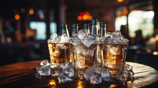 des bouteilles photo contenant de la bière refroidissent dans un seau avec de la glace générée par l'IA