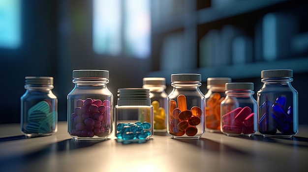 bouteilles avec des pilules pour médicaments pharmaceutiques générées par IA