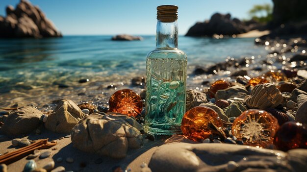 Photo des bouteilles sur la plage.