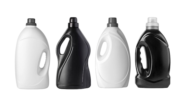 Bouteilles en plastique blanches et noires pour détergent à lessive liquide, agent de nettoyage, eau de javel ou assouplissant