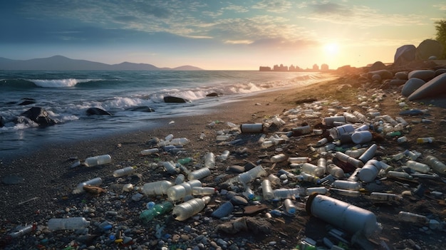 Bouteilles en plastique et déchets sur la plage