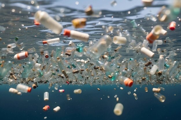 bouteilles en plastique et microplastiques flottant dans l'océan