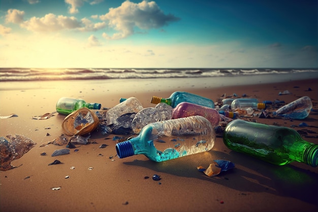 Bouteilles en plastique sur une plage avec le coucher de soleil derrière eux