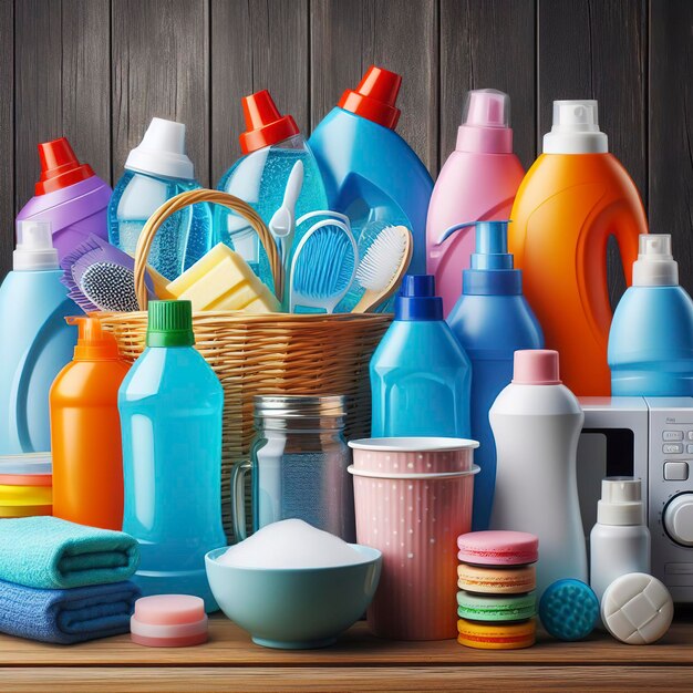 Photo bouteilles en plastique pour le lavage de vaisselle, verre et carreaux, détergents pour fours à micro-ondes et poêles