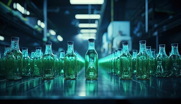 bouteilles en plastique vides avec des étiquettes en usine dans le style de lentilles tiltshift