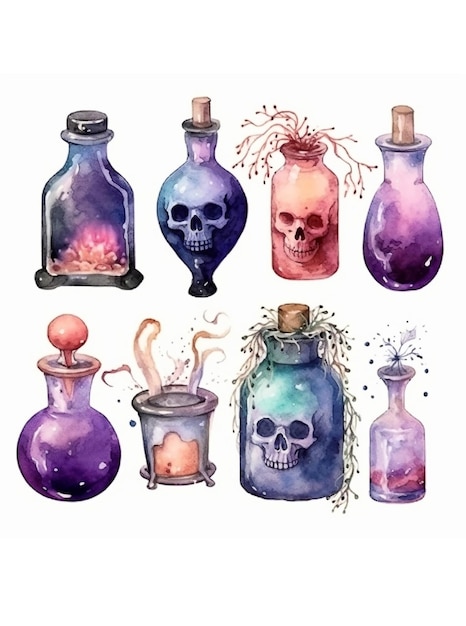 Bouteilles de potion avec élixir magique avec trèfle, flocon de neige, crâne de feu, chaleur éclair et poisons de sorcière inconnus