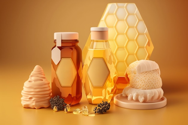 Bouteilles de produits cosmétiques à la propolis avec extrait d'abeille à base d'illustration de soins de la peau beauté à la cire d'abeille AI générative