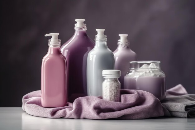 Des bouteilles de savon et de sel de bain sont sur une table.