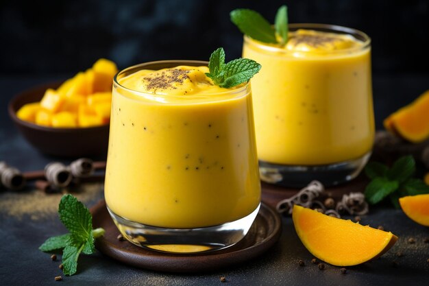 Bouteilles de smoothie avec de la mangue et de l'orange