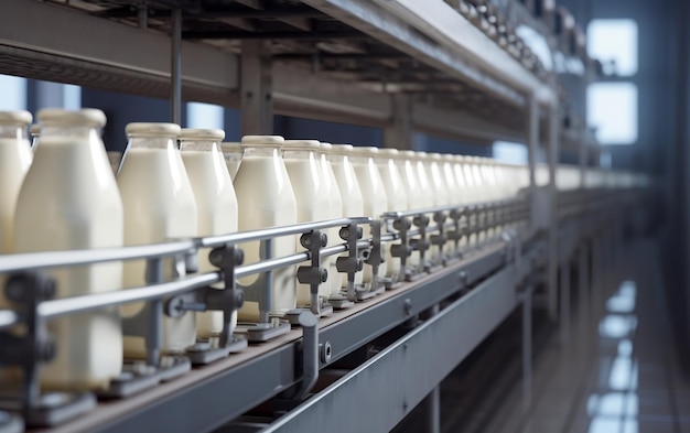 Bouteilles d'usine de lait laitier Generative AI