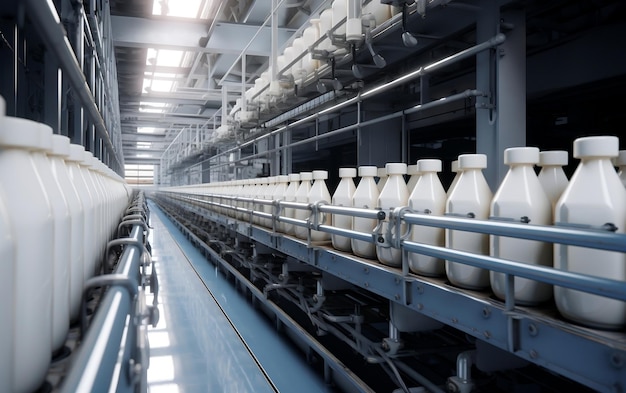 Bouteilles d'usine de lait laitier Generative AI
