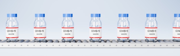 Bouteilles de vaccin Covid 19 sur bande transporteuse sur bleu clair