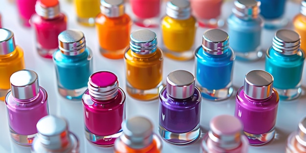 Des bouteilles de vernis à ongles colorées sur une surface réfléchissante