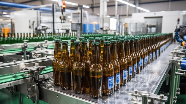 Bouteilles de verre de bière Concept de ligne de production d'usine de brasserie