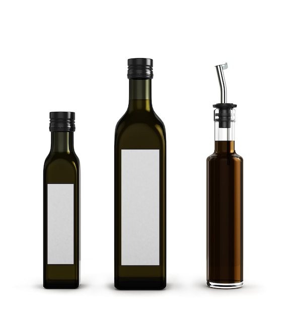 Bouteilles en verre Darck pour l'huile d'olive de différentes tailles isolé sur fond blanc