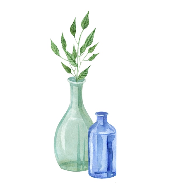 Bouteilles en verre isolées peintes à la main dans des bouteilles en verre aquarelle avec des brindilles vertes peintes à la main techniques vases d'herbe