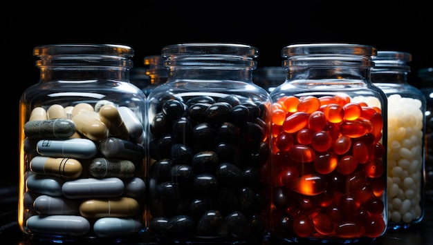 Bouteilles en verre remplies de diverses capsules pilules Médicaments gros plan Fond noir AI générative