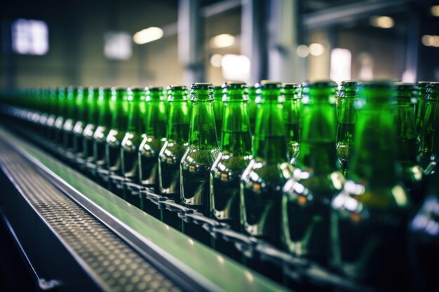 bouteilles en verre vert d'usine de bière sur le convoyeur