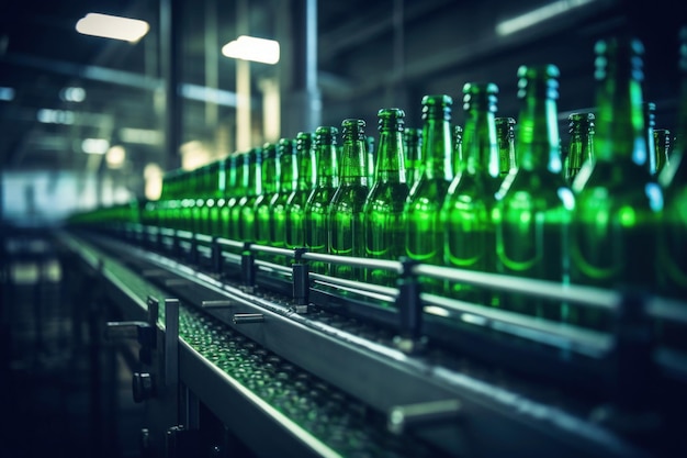 Bouteilles en verre vert d'usine de bière sur convoyeur
