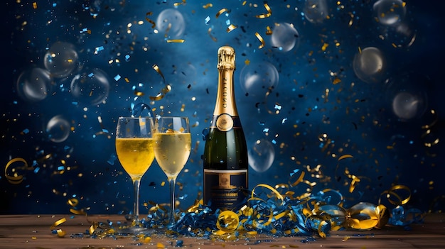 Bouteilles et verres de champagne, ballons, banderoles et confettis sur la table, fête du Nouvel An, fête et célébrations du Nouvel an.
