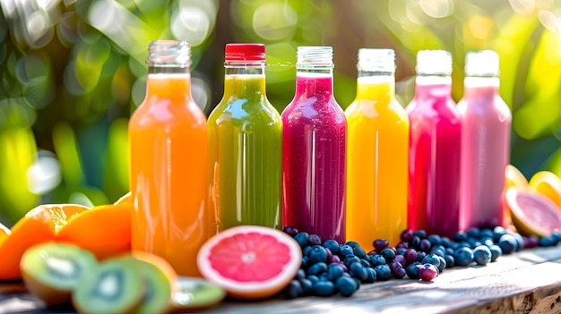 Des bouteilles vibrantes de jus de fruits frais exposées en plein air Un concept de boisson coloré dans la lumière naturelle Des choix de style de vie sain présentés dans Bright Image AI