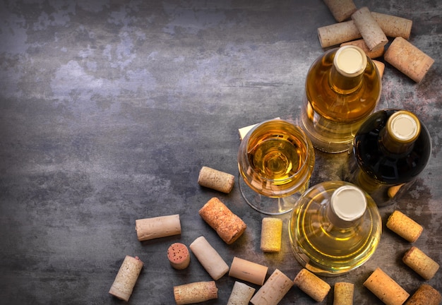 Bouteilles de vin blanc et rouge et verre sur table, avec espace de copie