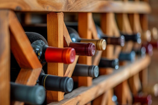 Photo des bouteilles de vin empilées sur un étagère en bois dans la cave.