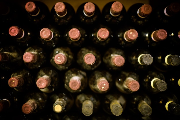 Bouteilles de vin sur étagère en cave