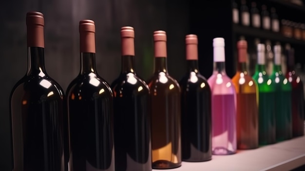Bouteilles de vin avec des étiquettes vierges sur le comptoir d'un magasin d'alcools Generative Ai