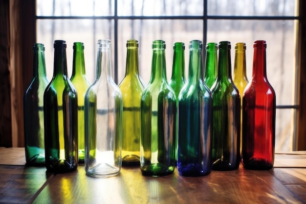 Photo des bouteilles de vin en verre propre sur une table en bois