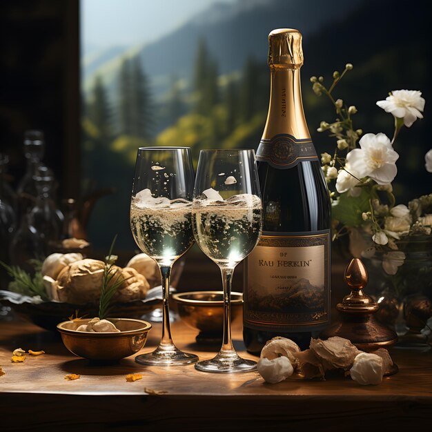 bouteilles de vin et verres de vin sur une table avec des fleurs IA générative