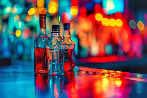 Bouteilles de whisky sur le comptoir du bar avec un fond bokeh