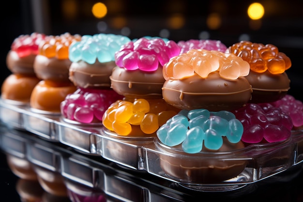 Photo une boutique de bonbons, des sucettes, des beignets au chocolat, des ours en gomme.