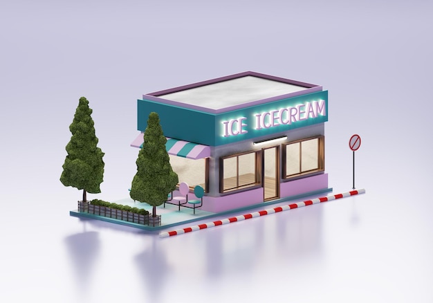 Boutique de crème glacée de rendu 3D en arrière-plan extérieur isométrique
