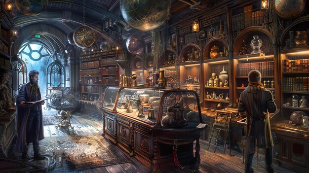 Une boutique de sorciers pleine d'objets magiques et de potions Une sorcière lit un livre au fond de la boutique